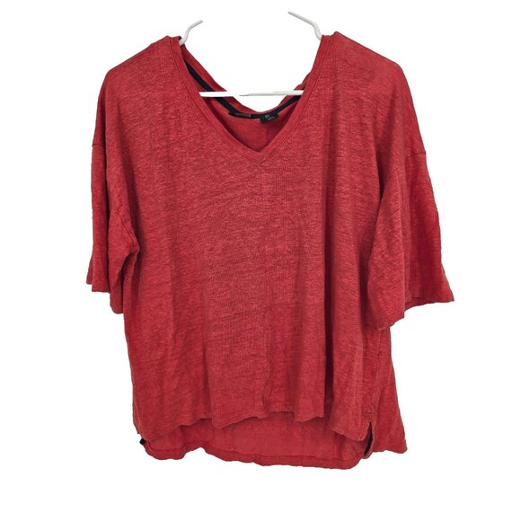 Tahari Size Large Womens Top 100% Linen Orange V Neck Short Sleeve Blouse - Picture 1 of 3